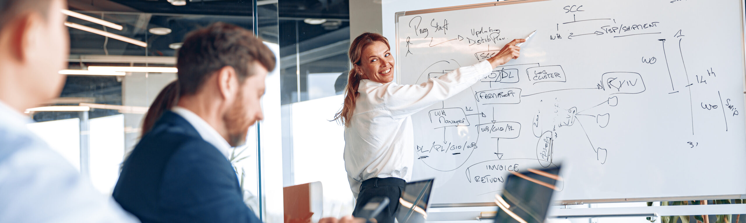 businesswoman explaining her business plan to colleagues while making a presentation in the office. Executive coaching Services and Leadership Services.